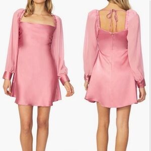 WeWoreWhat Puff Sleeve Cowl Dress Pink Crinkle Chiffon Mini Size 4 NWT HOCO